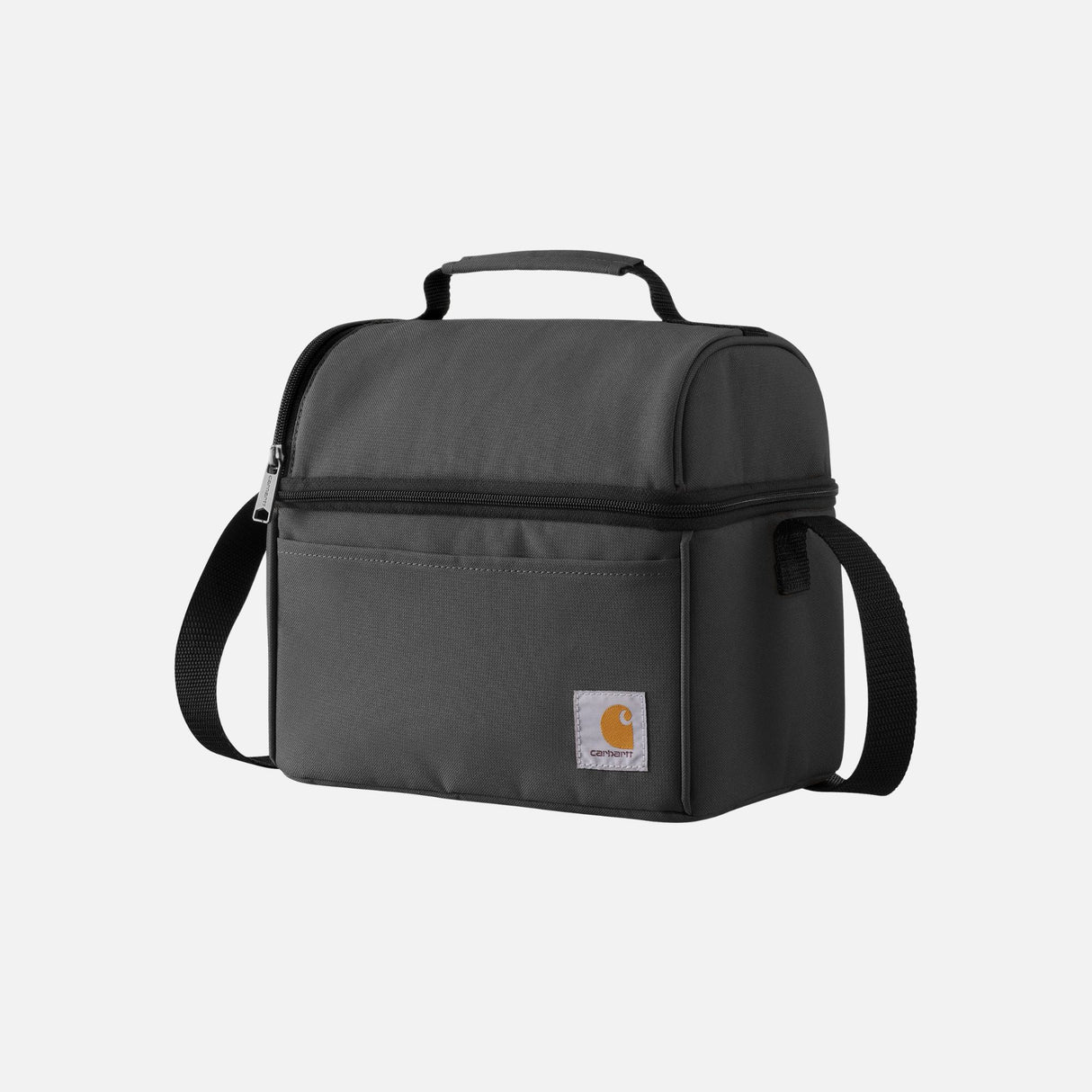 Sac à lunch isotherme Carhartt gris avec double compartiment, conçu pour la durabilité et le transport pratique des repas.