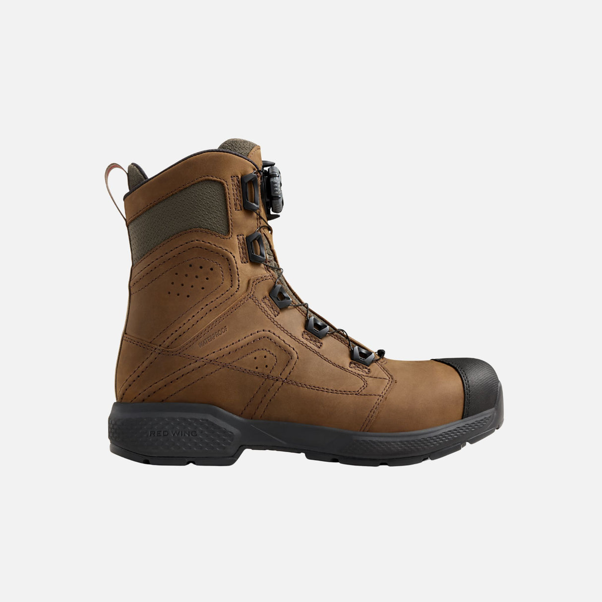 Bottes de travail Red Wing Exos Lite avec système BOA, légères, en cuir brun, pour sécurité CSA, semelle robuste.