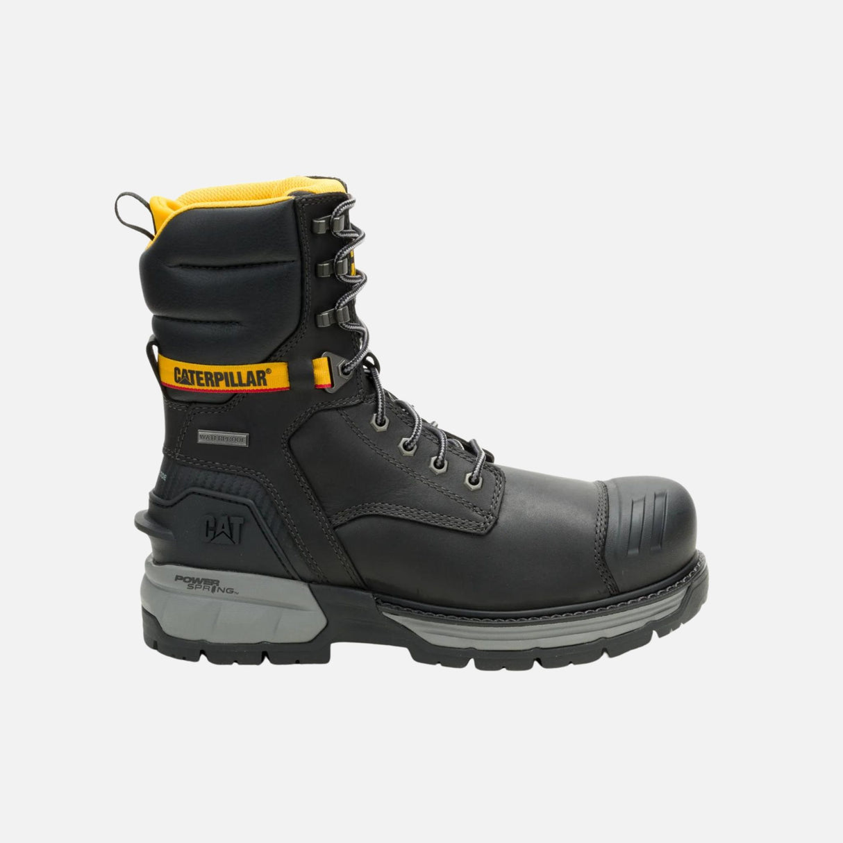 Bottes de travail Caterpillar 8 pouces noires, imperméables et stables, adaptées pour l'excavation et les travaux lourds.