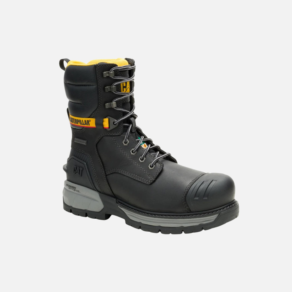Bottes de travail Caterpillar de 8 pouces, imperméables et stables, noir, conçues pour la sécurité sur les chantiers.