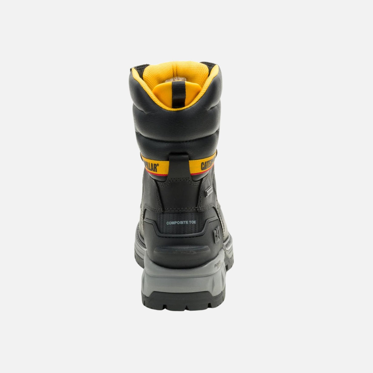 Bottes de travail Caterpillar en cuir noir, imperméables et stables, conçues pour le travail avec excavateur.
