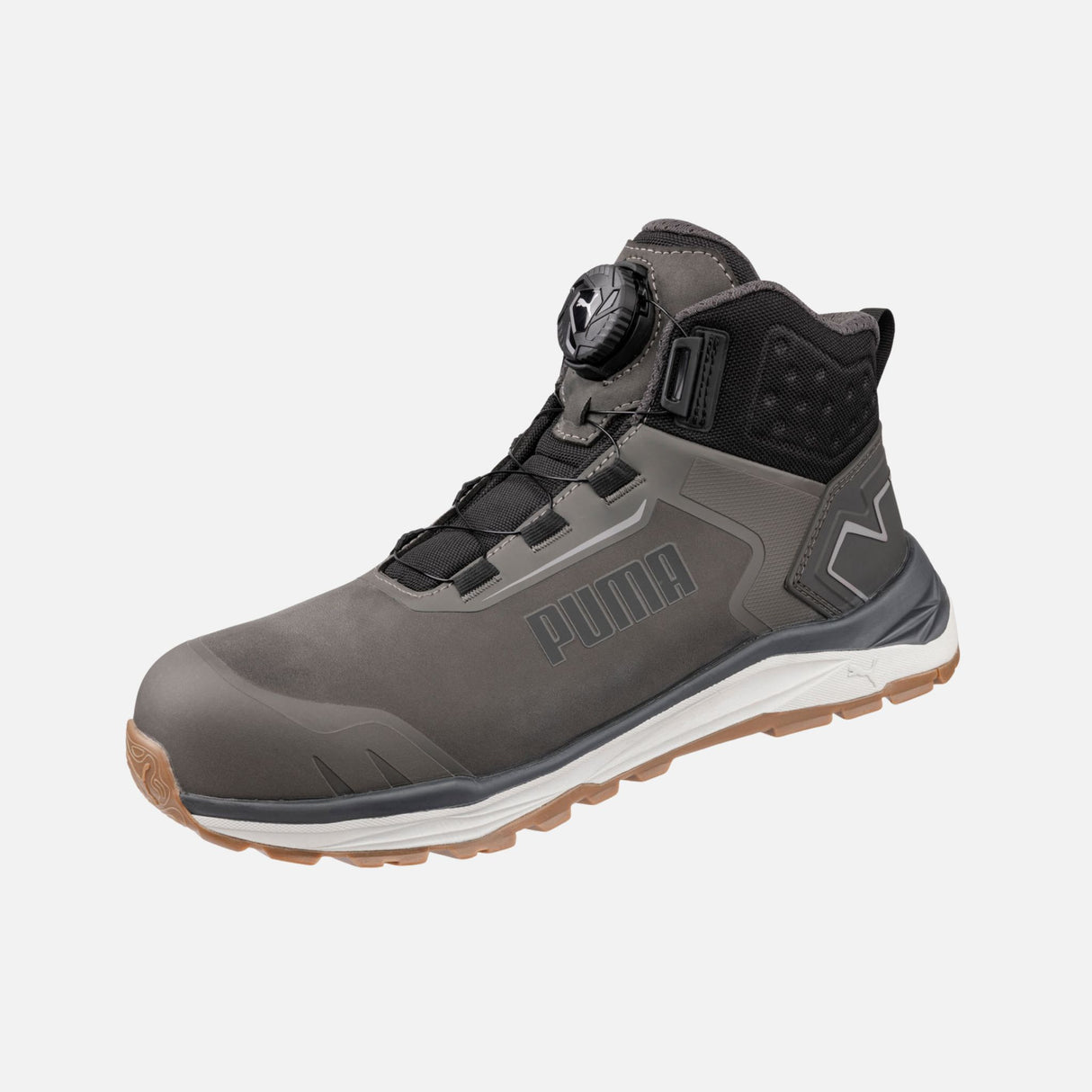 Bottes de travail Puma Fusion 6 pouces avec ajustement BOA et protection composite, en gris avec semelle robuste.