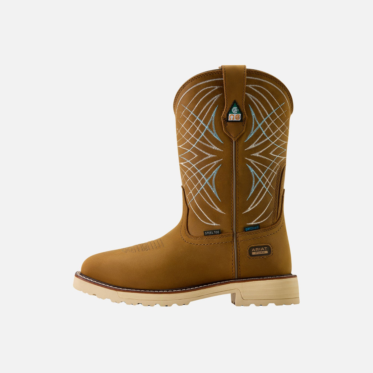 Bottes de travail pour femme Ariat en brun, imperméables et confortables, parfaites pour le travail et les activités extérieures.
