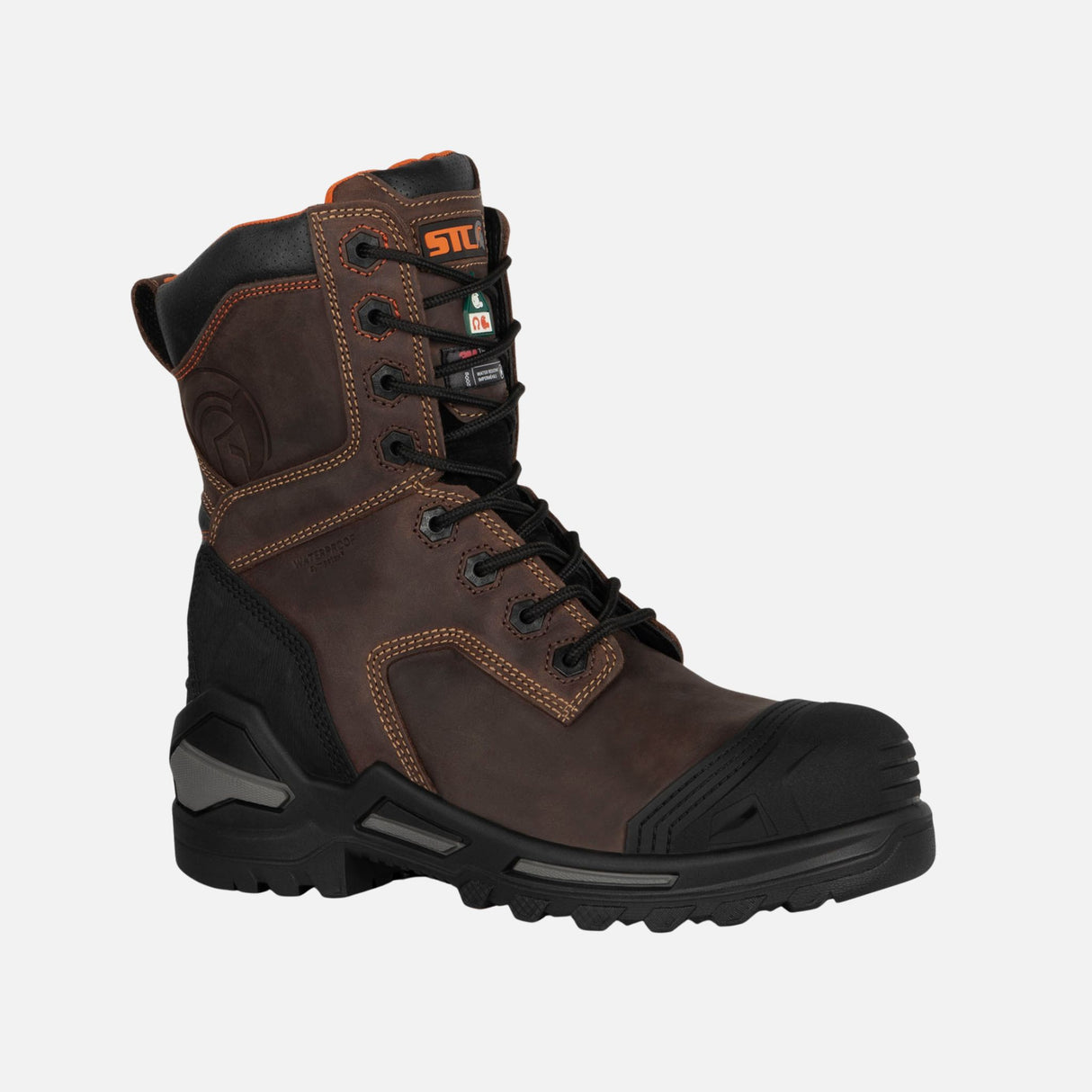 Bottes de travail STC en cuir brun, imperméables et durables, avec semelle robuste pour sécurité et confort.
