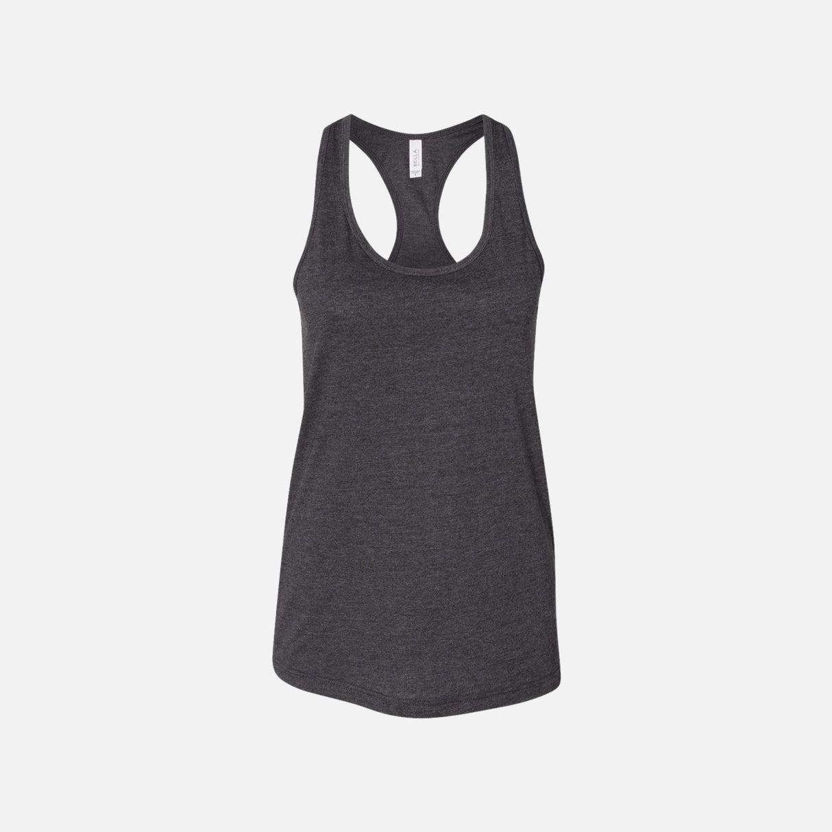 Camisole à dos nageur Bella + Canvas en gris foncé, vêtement pour femme, tissu doux et ajusté, vue de face.
