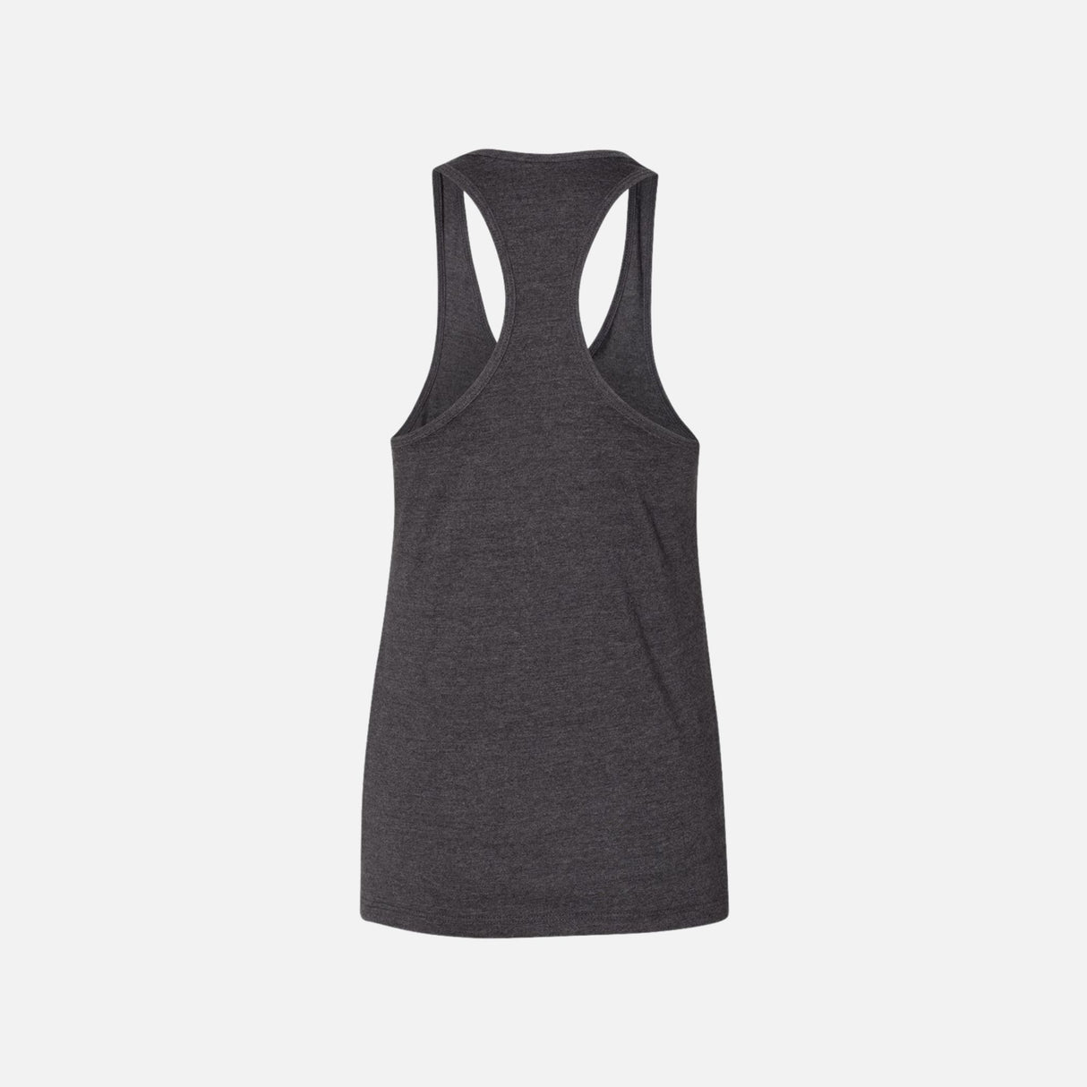 Camisole racerback gris foncé Bella + Canvas en coton, vêtement t-shirt corporel, vue de face sur fond blanc.