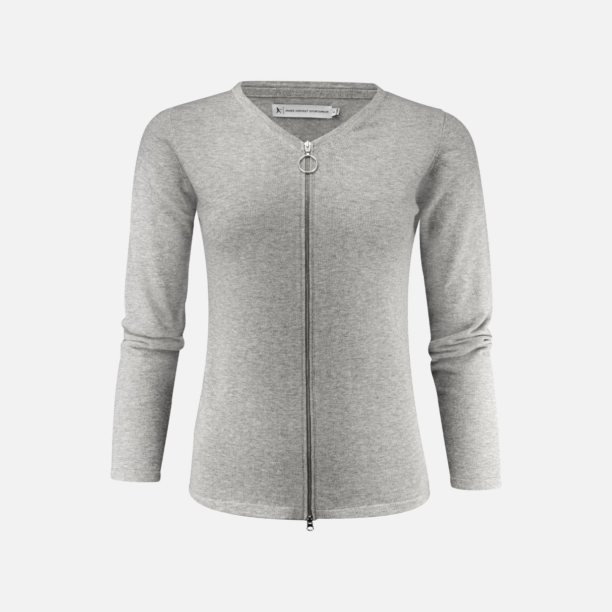 Cardiguan zippé en tricot gris pour femme de James Harvest, veste élégante et confortable pour toutes les saisons.