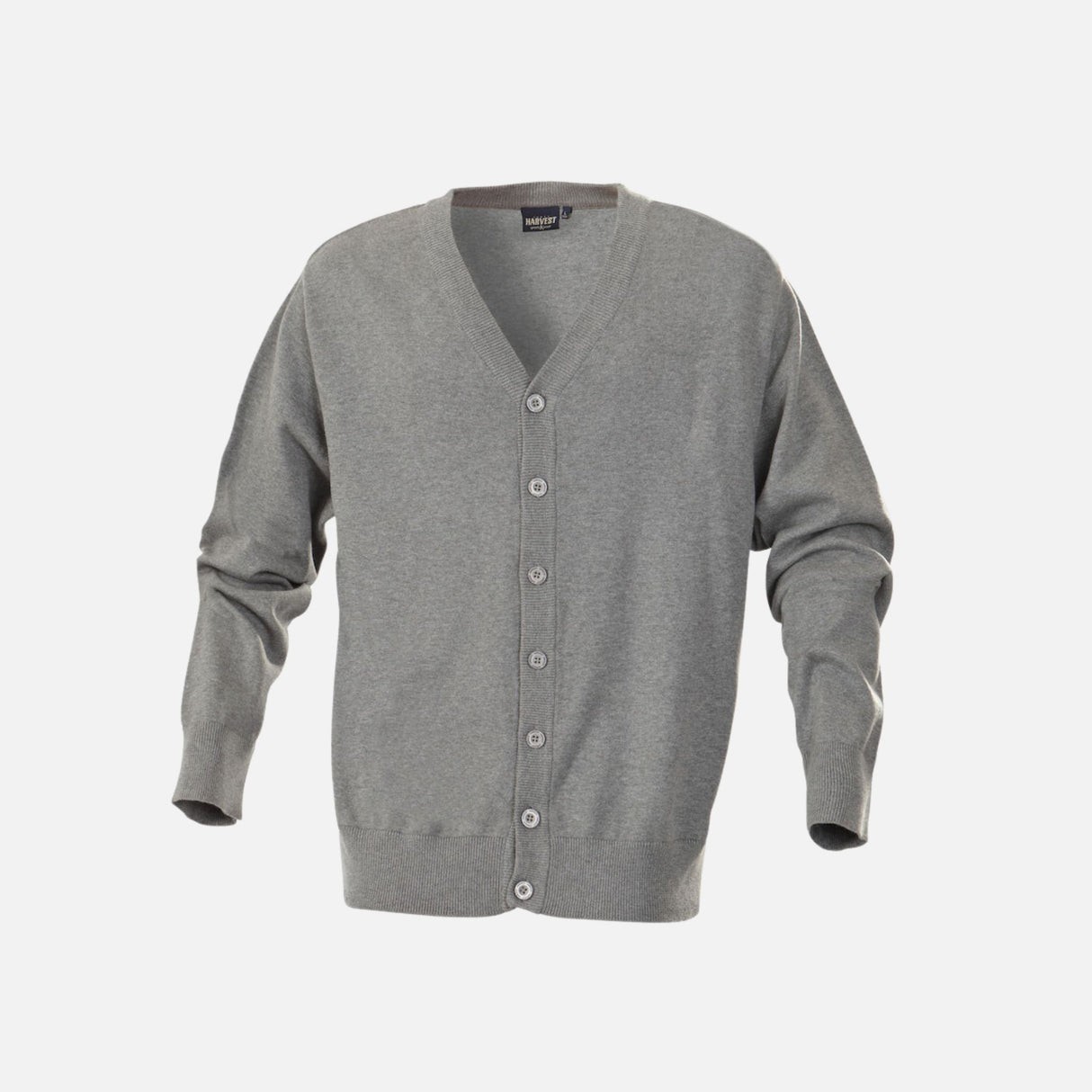 Cardigan homme gris James Harvest, veste élégante et confortable pour homme, en tissu doux avec col en V et manches longues.