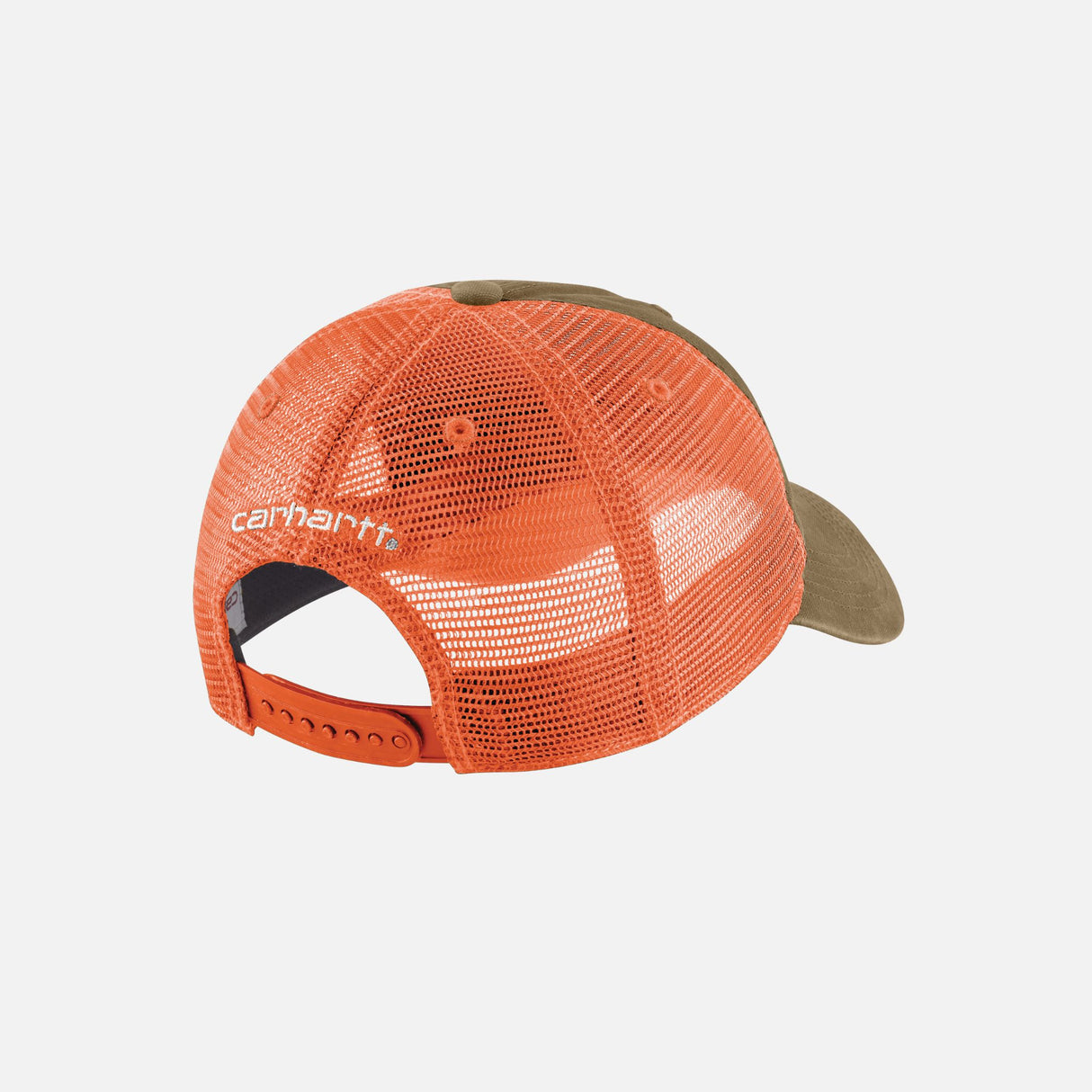 Casquette de travail en toile avec dos en maille Carhartt orange, résistante et bien ventilée, pour un usage professionnel.