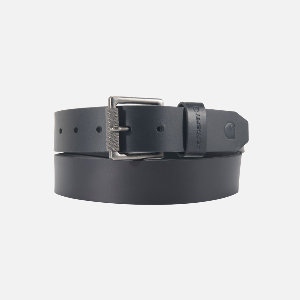 Ceinture en cuir pleine fleur noire Carhartt avec boucle à rouleau robuste, accessoire de mode durable et élégant.