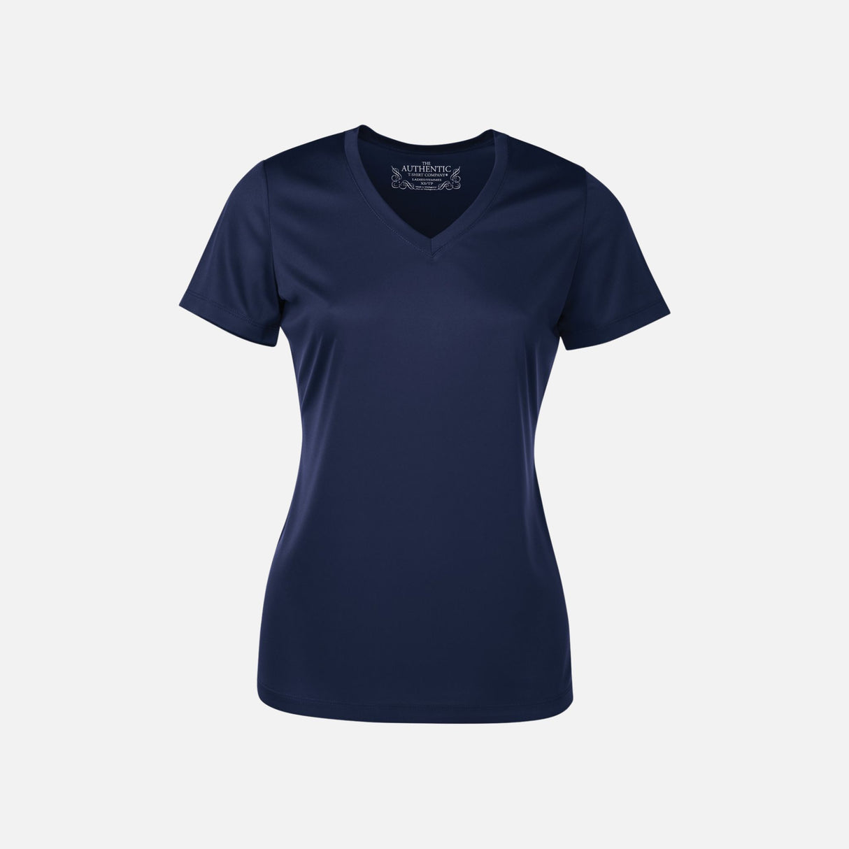 T-shirt performance pour femme ATC à col en V, manches courtes, tissu technique marine, idéal pour sport et confort.