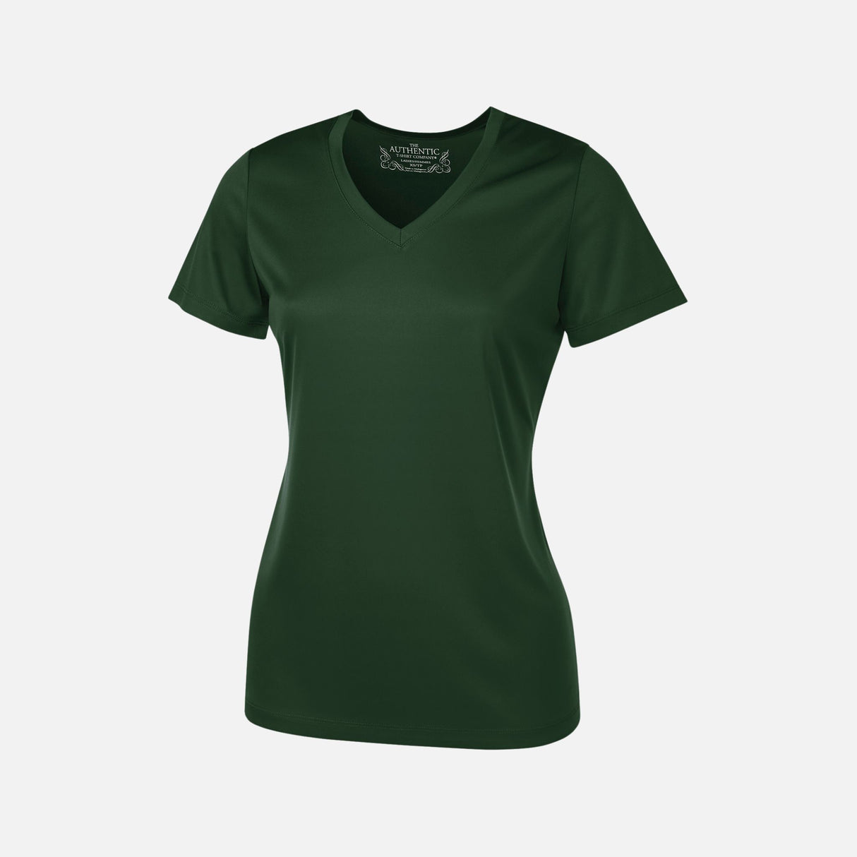 T-shirt performance pour femme ATC à manches courtes, col en V, tissu vert forêt, vêtement de sport et de détente.