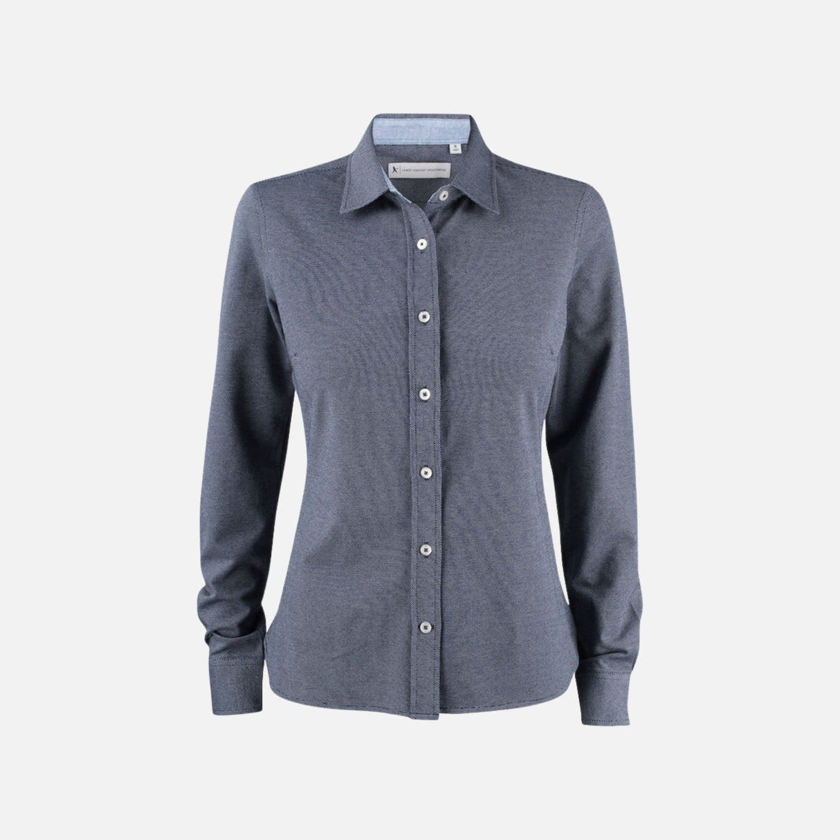 Chemise en denim bleu marine pour femme James Harvest, à manches longues, style décontracté et tissu léger.