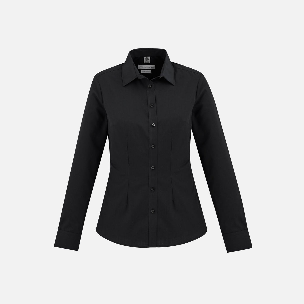 Chemise à manches longues pour femme Biz London, noire, en tissu léger, col classique, style élégant et confortable.