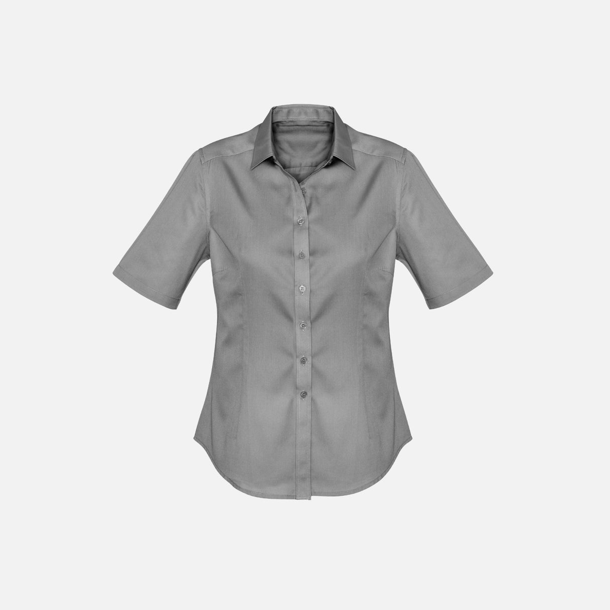 Chemise à manches courtes pour femme Biz, gris, en tissu léger, style décontracté, vue de face, détail du col et des manches.