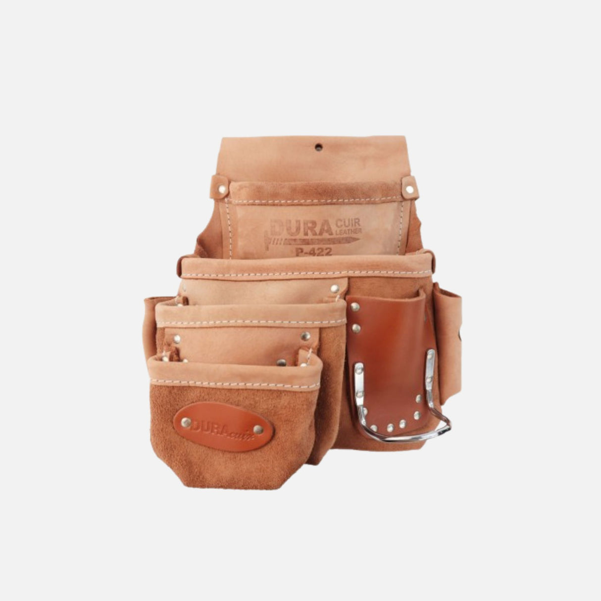 Sac à outils en cuir Dura Cuir pour gaucher avec 4 poches, robuste et pratique, pour organiser facilement vos outils.