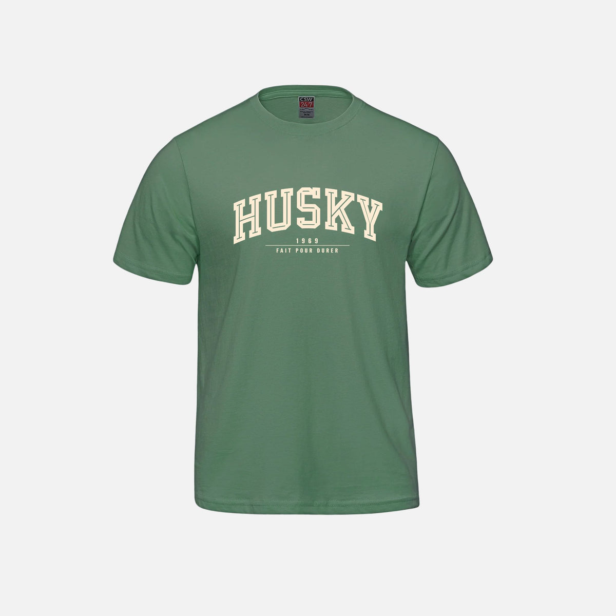 T-shirt L'Essentiel de la collection HUSKY, vêtement en coton avec logo sur la poitrine, coloris gris clair.