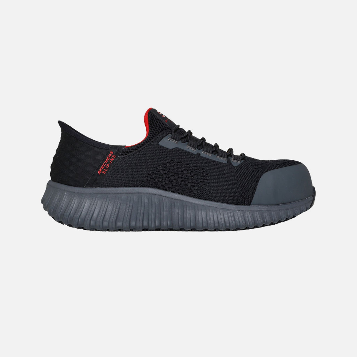 Espadrille de sécurité Skechers, souliers slip-on avec talon antidérapant, noir, conçus pour le travail et la sécurité.