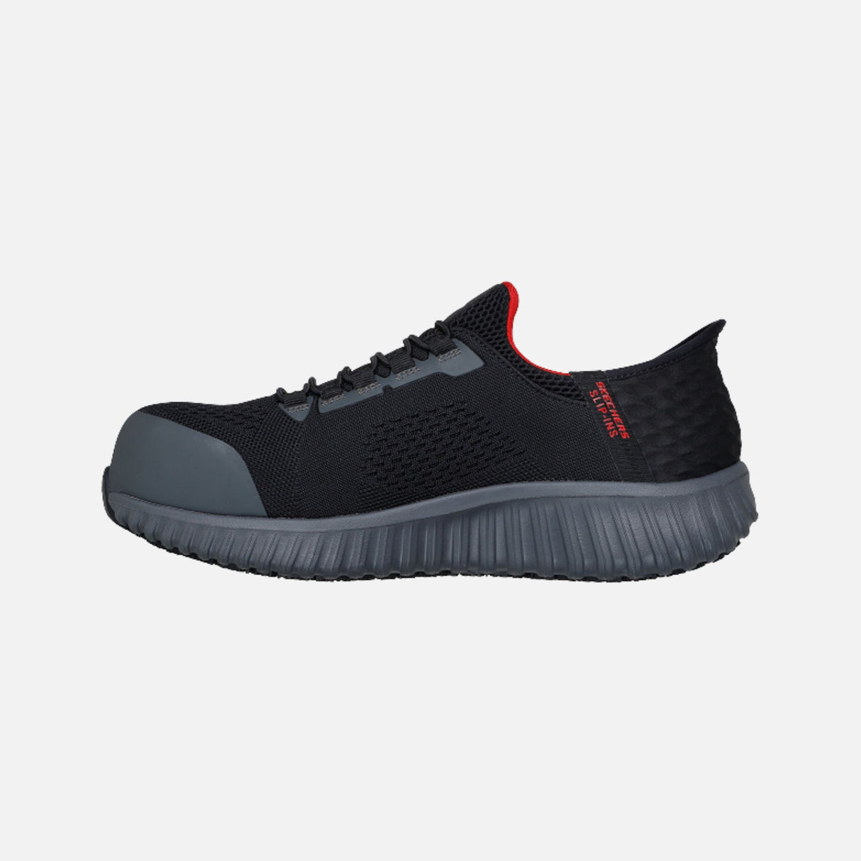 Espadrille de sécurité Skechers, souliers slip-on avec semelle antidérapante, noir, pour le travail et la traction.