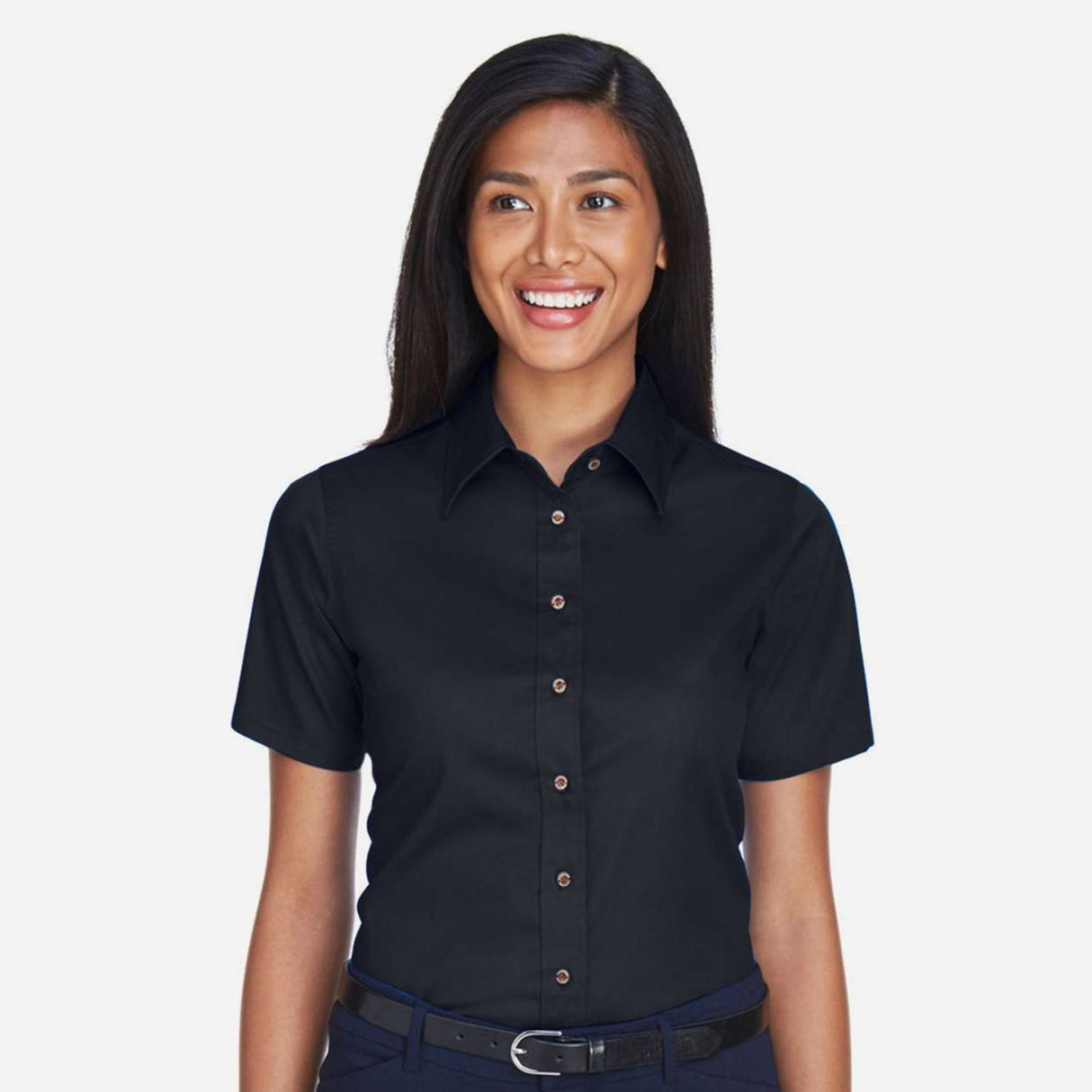 HUOT-chemise-manches-courtes-Harriton-M500SW-noir-devant-mannequin