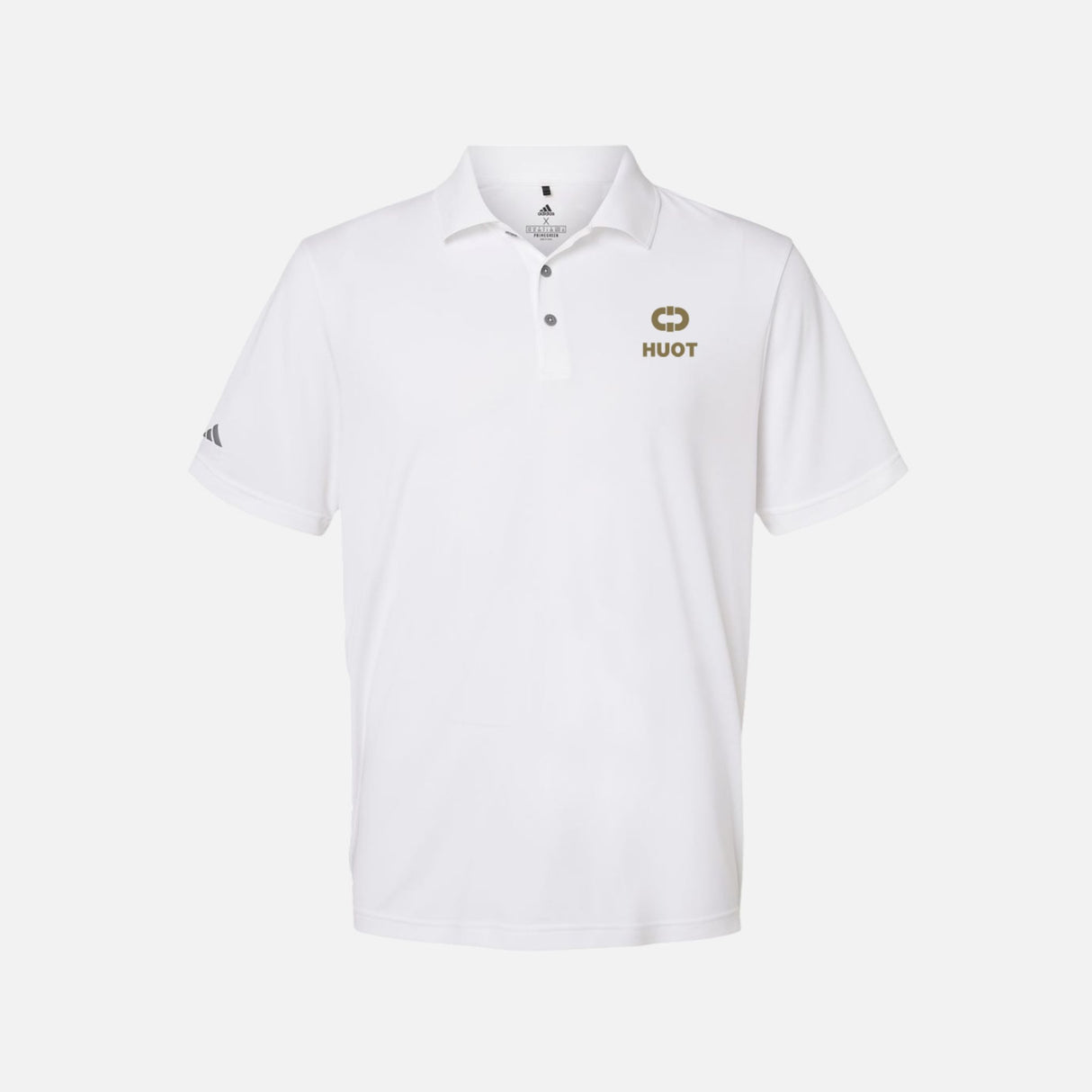 Polo à manches courtes Adidas A230 blanc pour homme, tissu léger et confortable, porté sur mannequin.