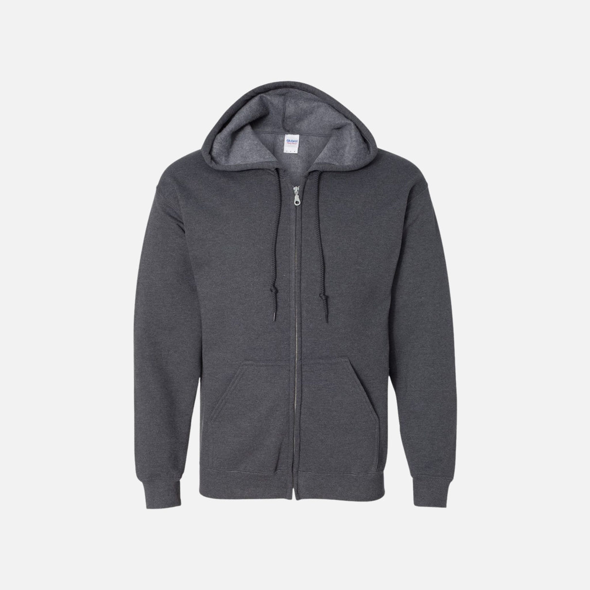Chandail à capuchon zippé gris foncé de la marque Gildan, vêtement confortable pour le sport ou la détente.