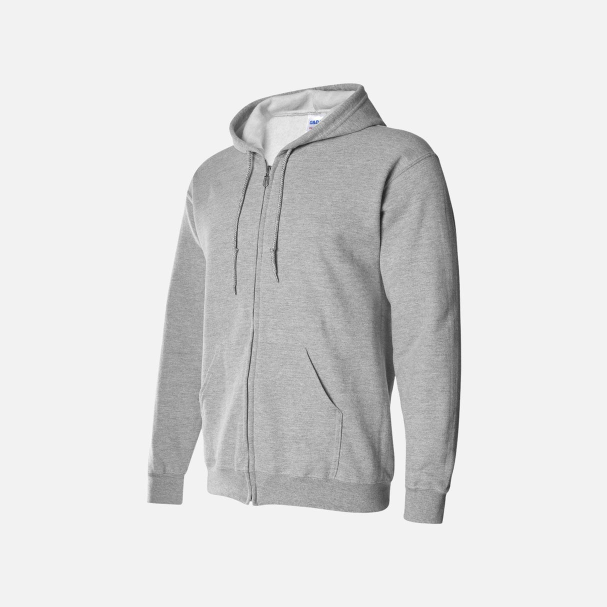 Chandail à capuchon zippé gris de la marque Gildan, vêtement pour hommes ou femmes, avec fermeture éclair et poche kangourou.