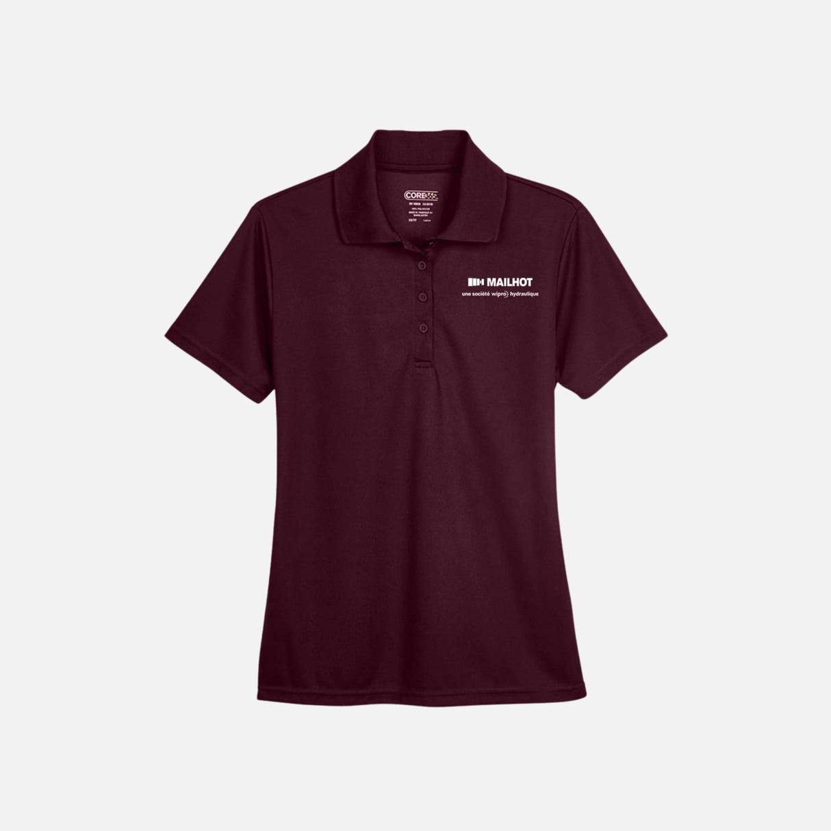 Polo performance pour femme Core365 marron, vêtement polo de sport avec logo visible, conçu pour le confort et la performance.