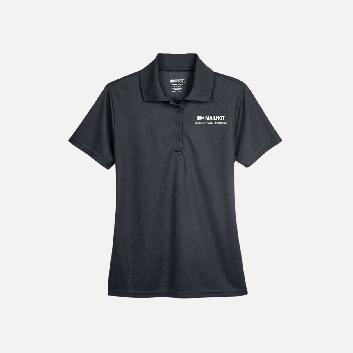 Polo performance pour femme Core365, modèle Origin 78181, en tissu charbon, vêtement polo de sport élégant et confortable.