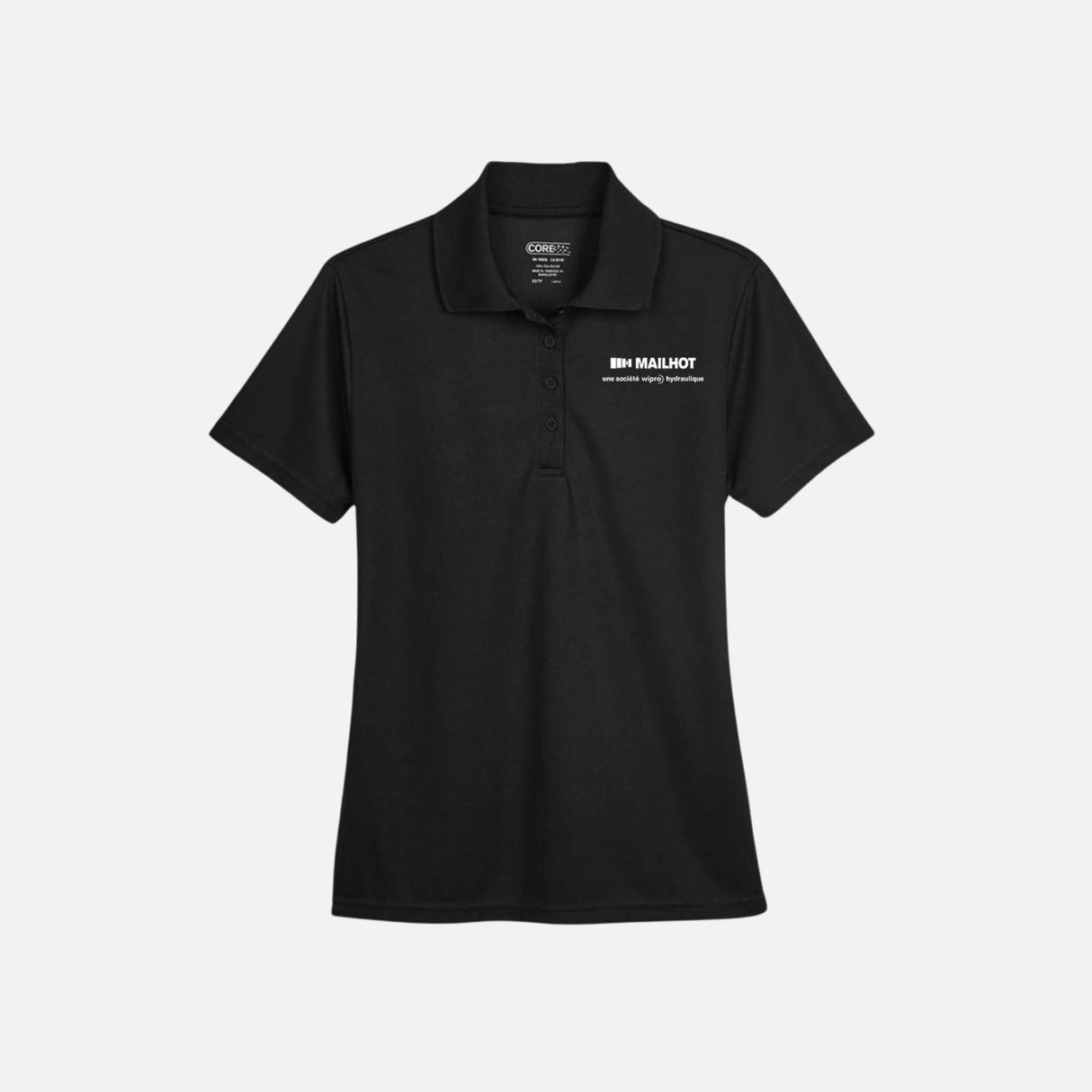 Polo performance pour femme Core365, style sportif, noir, en tissu léger, porté par une modèle, idéal pour activités sportives.