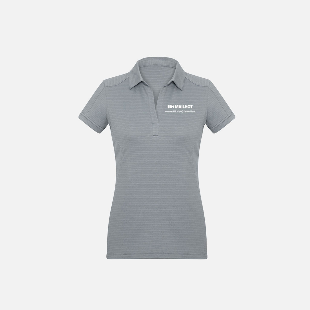 Polo à manches courtes pour femme Biz, modèle P706LS, couleur argent, porté en gros plan, tissu léger et confortable.