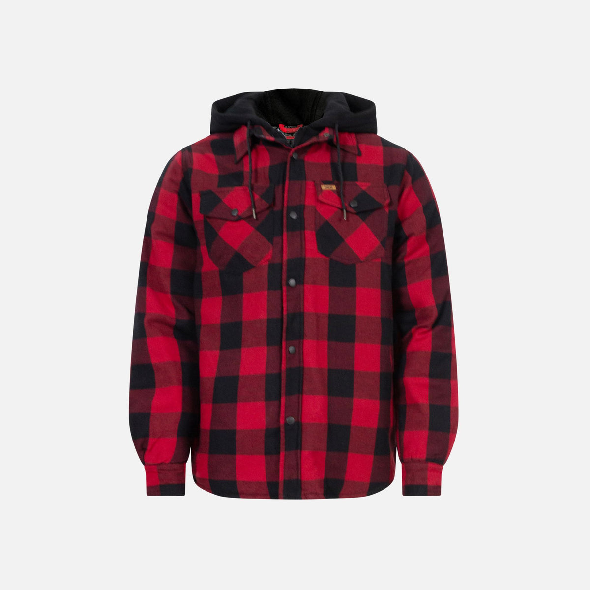 Veste en flanelle matelassée WRTK avec capuchon, veste de travail rouge, détails de la texture en flanelle et style pratique