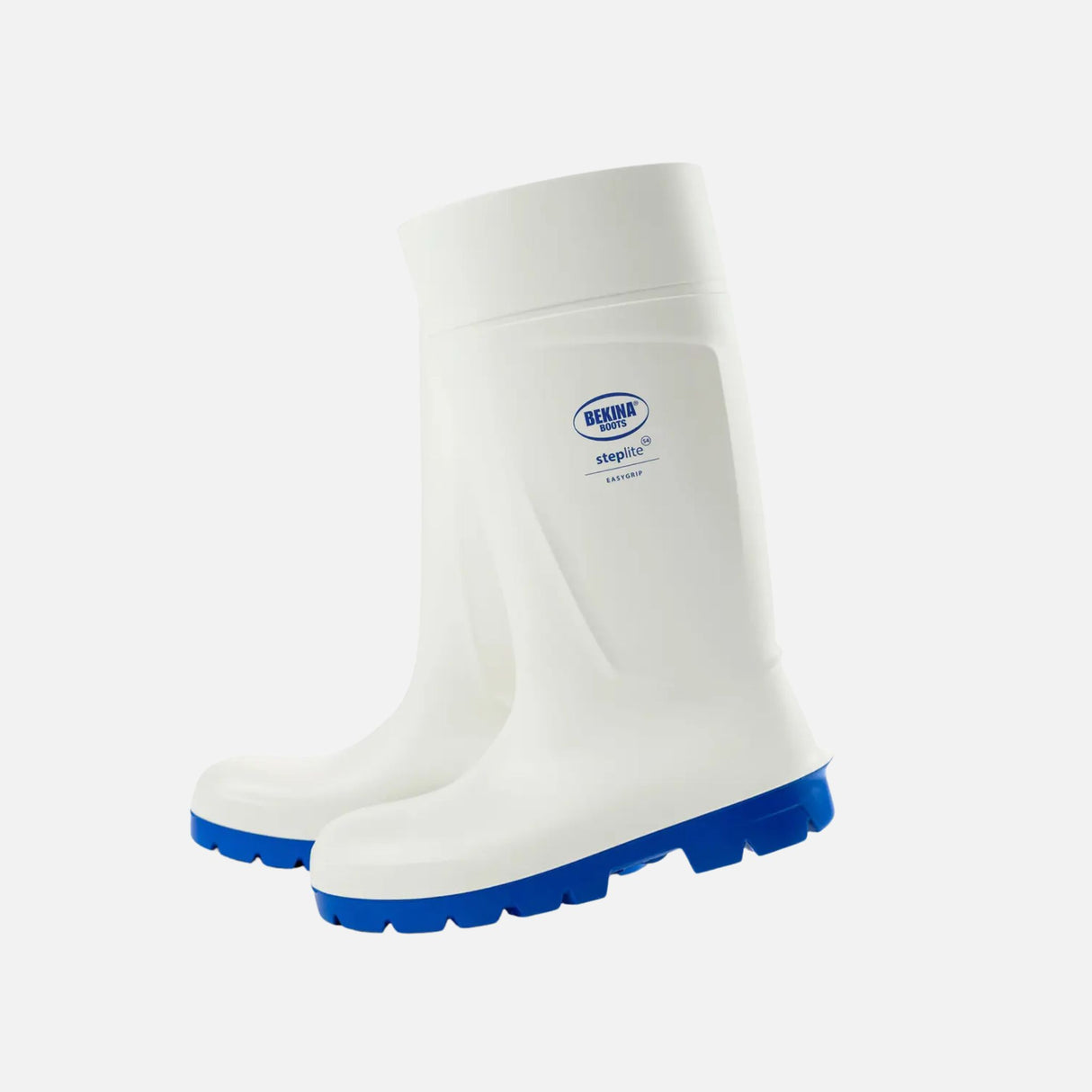 Paire de bottes de pluie Bekina Easygrip en blanc, légères avec embout en acier, conçues pour la sécurité et le confort.