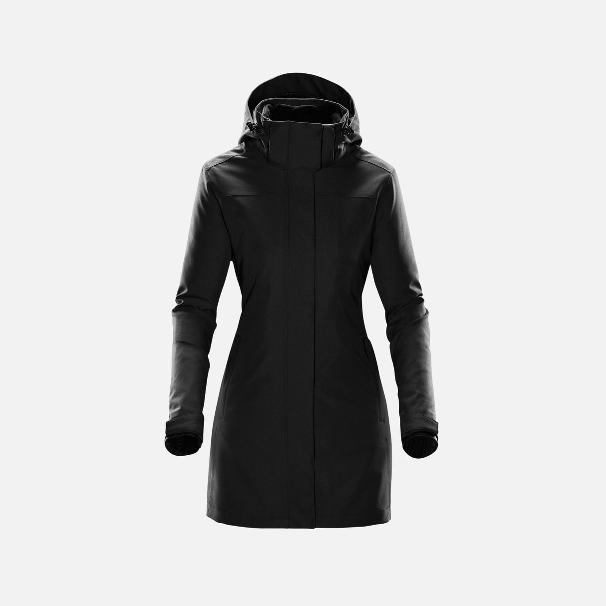 Manteau 3-en-1 pour femme Stormtech, parka noire avec capuche amovible et doublure thermique.