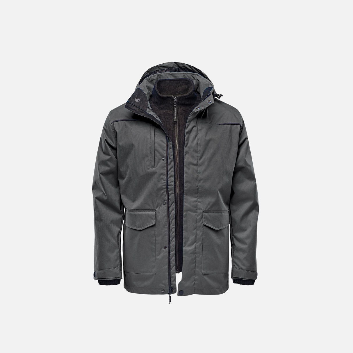 Parka 3-en-1 pour homme Stormtech Vortex, manteau d'hiver avec protection complète et chaleur modulable, en tissu gris granite.