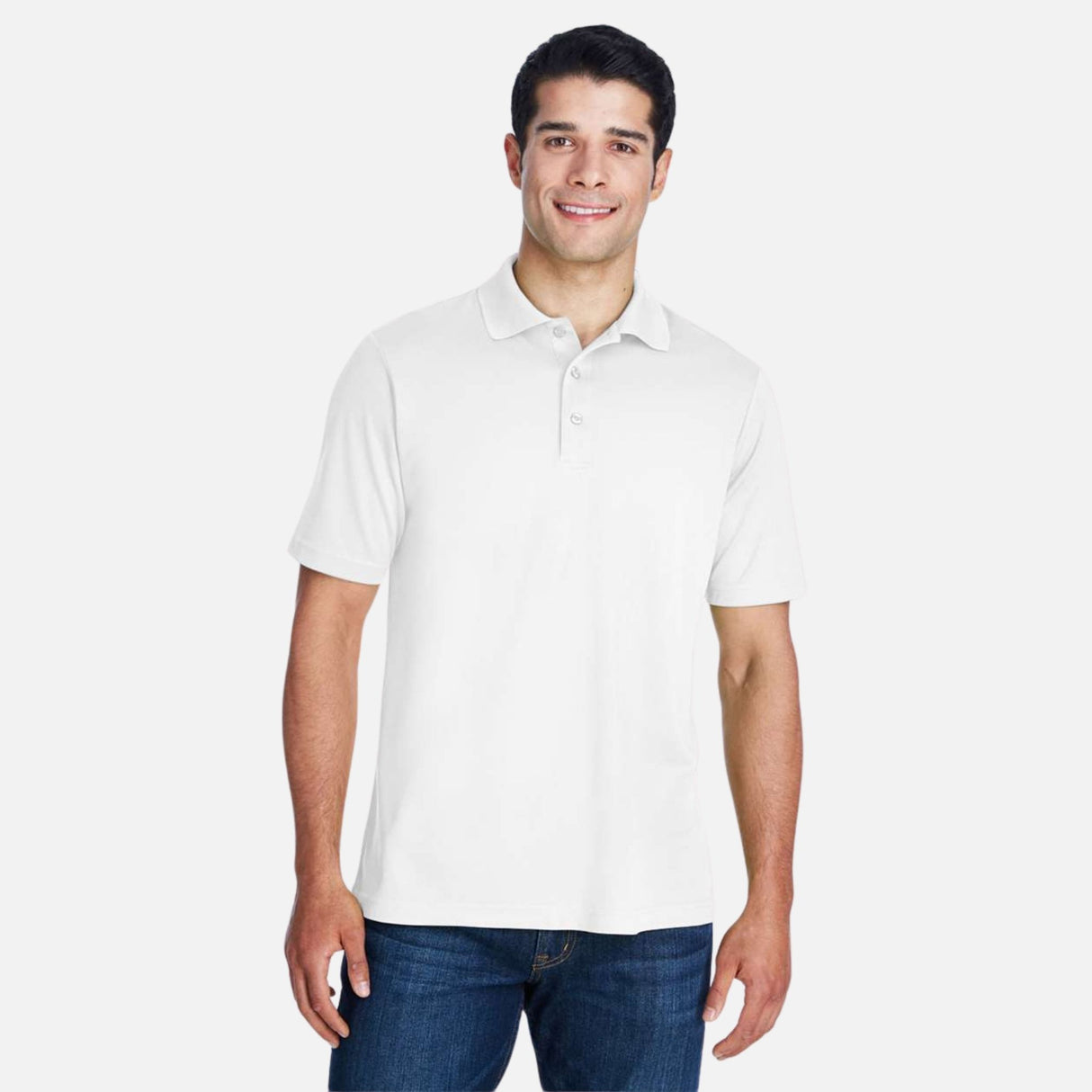 Polo performance blanc Core365 pour homme, vêtements-polos en tissu léger avec col et boutons, idéal pour sport et détente.