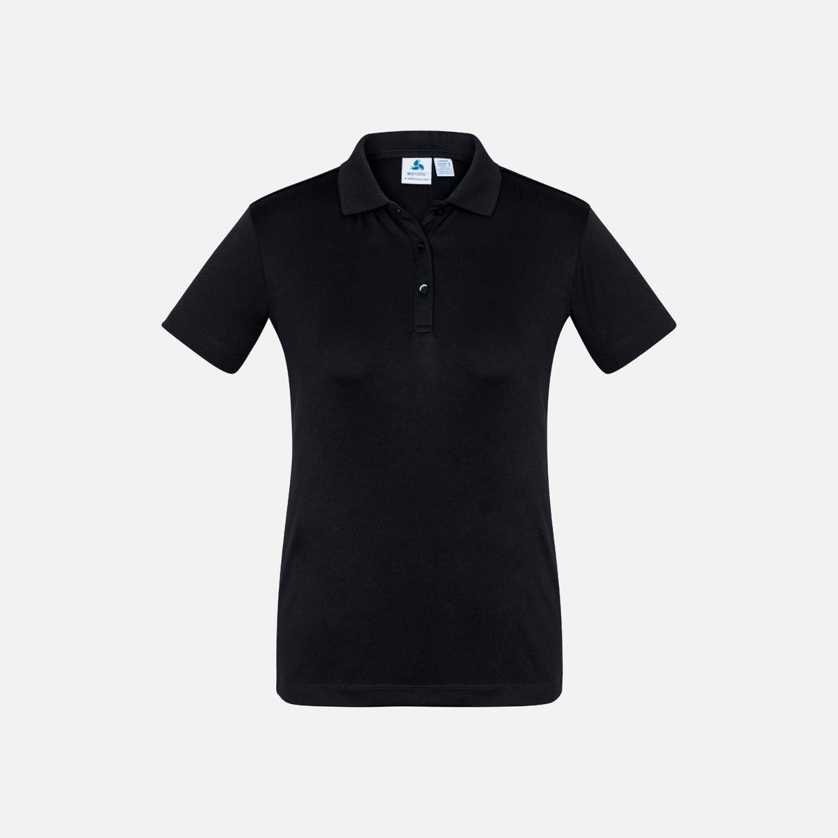 Polo à manches courtes pour femme Biz, modèle P810LS, en noir, tissu léger et coupe ajustée, vêtements polo pour femme.