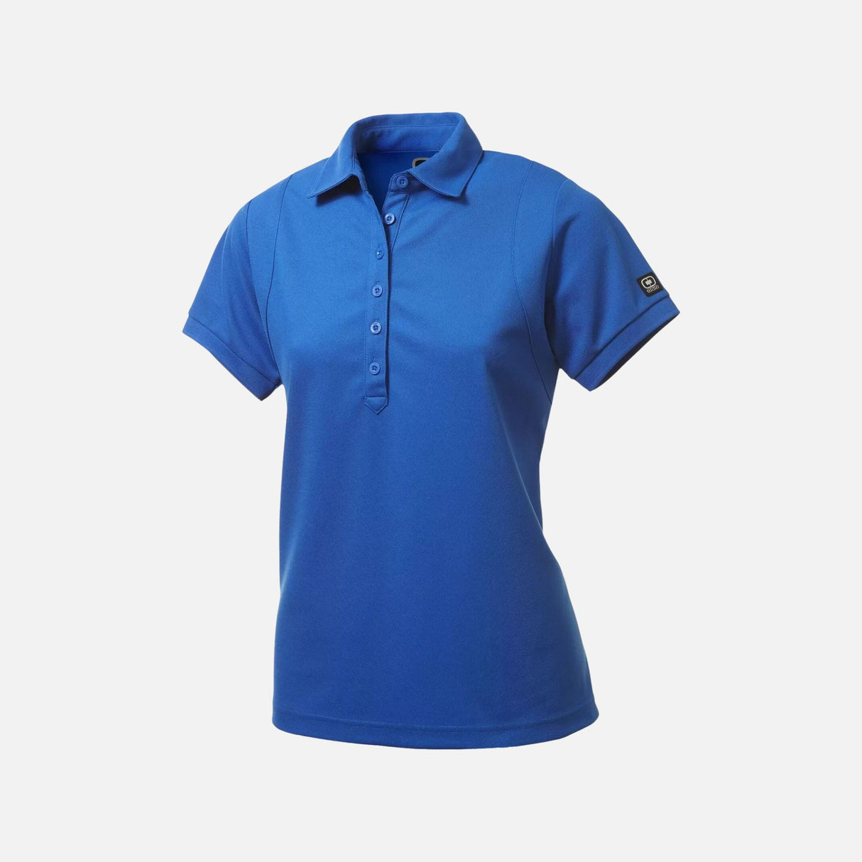 Polo à manches courtes pour femme OGIO, vêtement polo corporel bleu avec col et boutons, en tissu léger.
