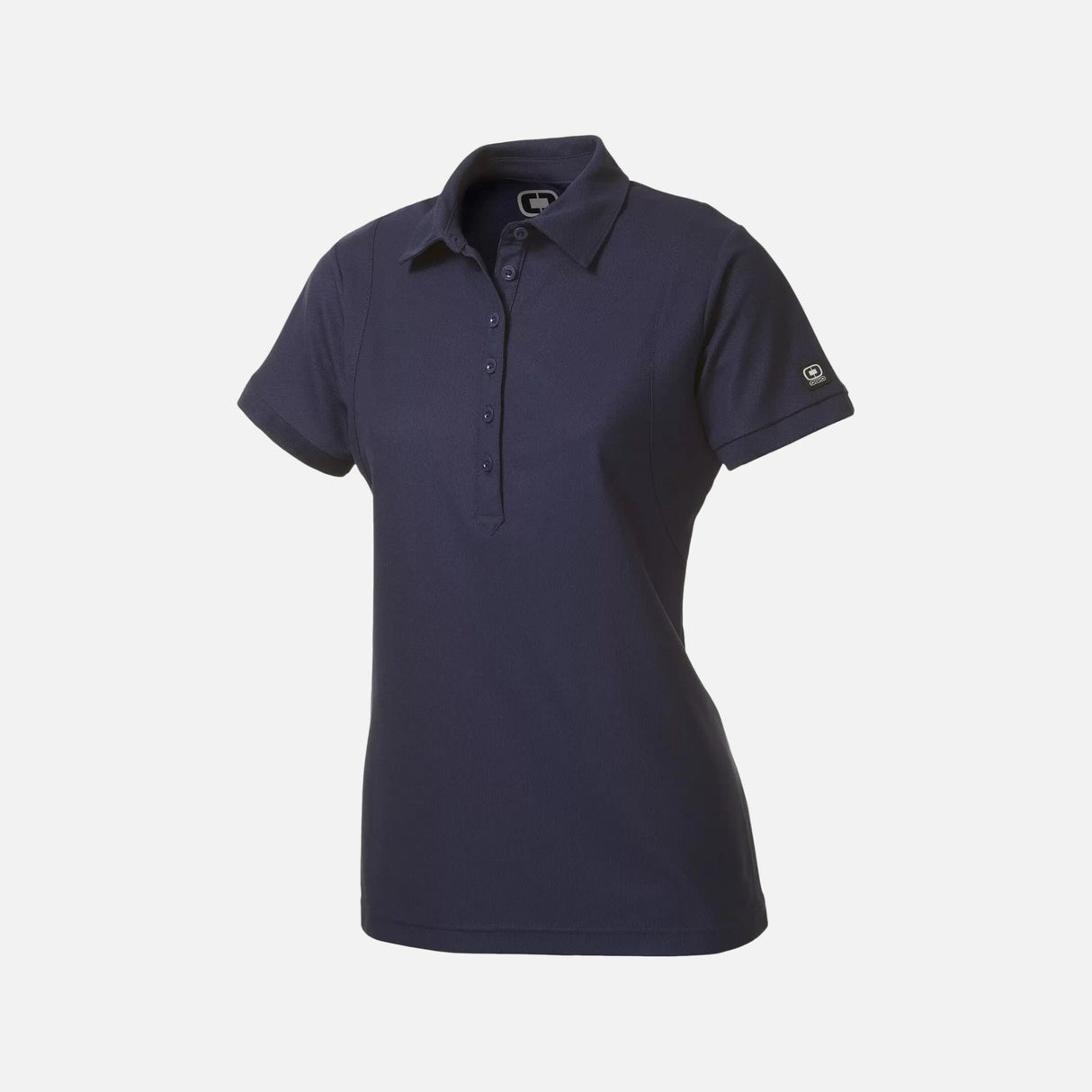 Polo à manches courtes femme OGIO LOG101 en marine, vêtement polo corporel avec col et boutons, vue de face.