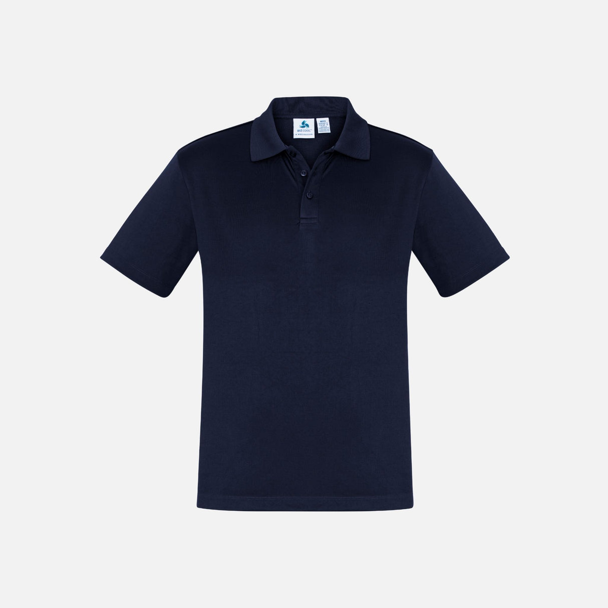 Polo à manches courtes pour homme Biz, couleur marine, en tissu confortable, porté par un mannequin.