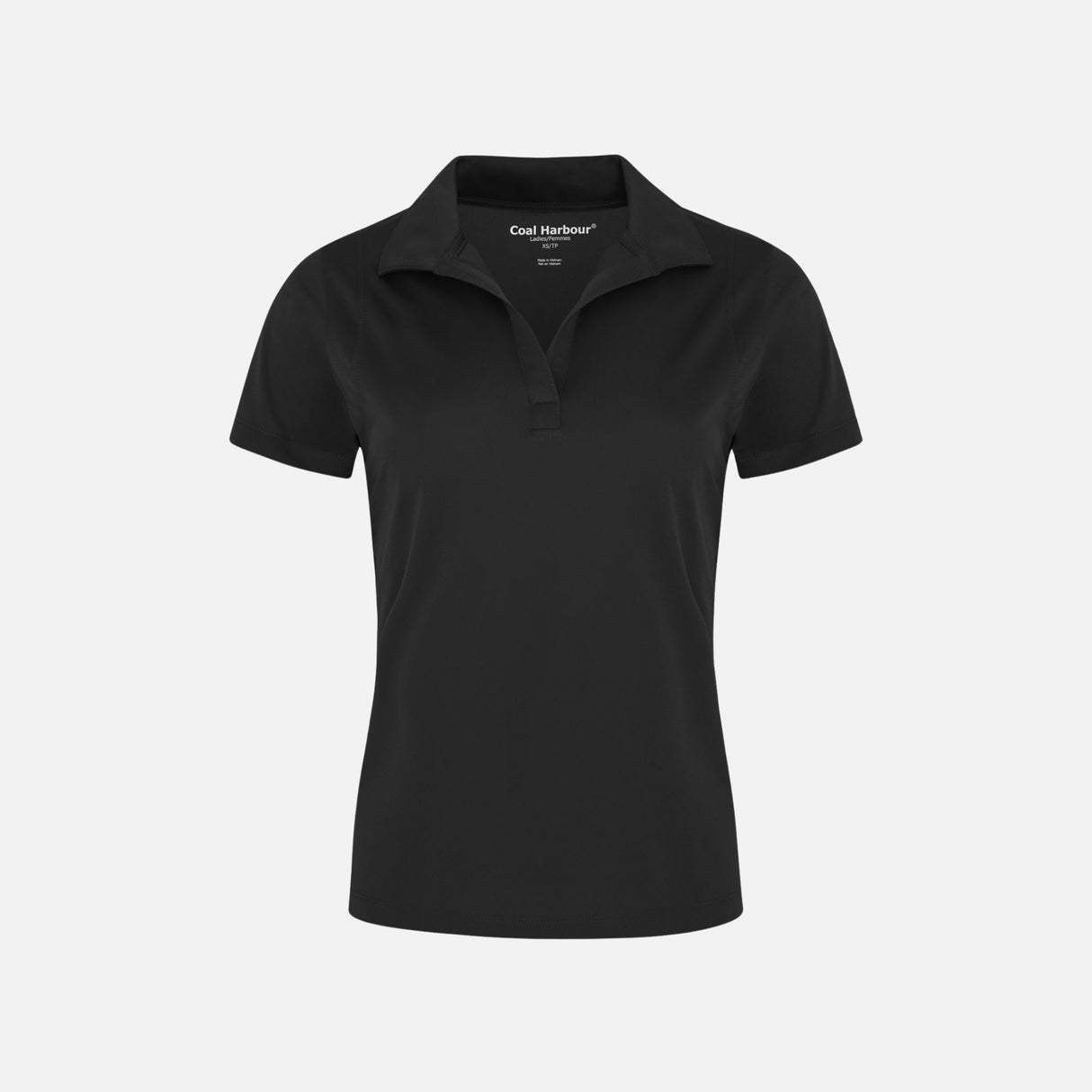 Polo à manches courtes pour femme Coal Harbour noir, vêtement polo corporel en tissu léger, porté sur un mannequin.