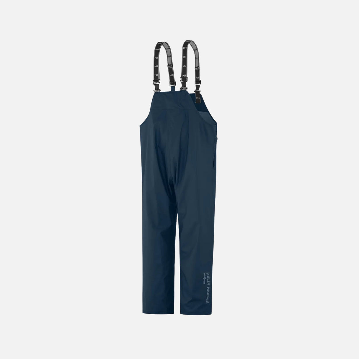Salopette imperméable Helly Hansen marine pour protection contre la pluie et durabilité, vue de face avec détails du tissu.