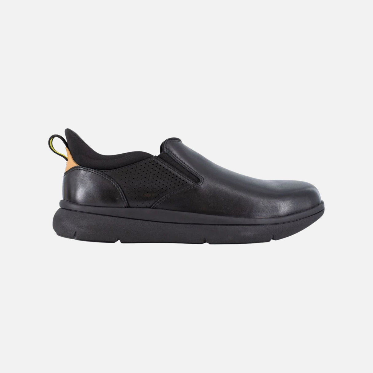 Chaussures de travail Reebok sans lacets, souliers avec embout composite et confort, en noir, pour sécurité et confort.