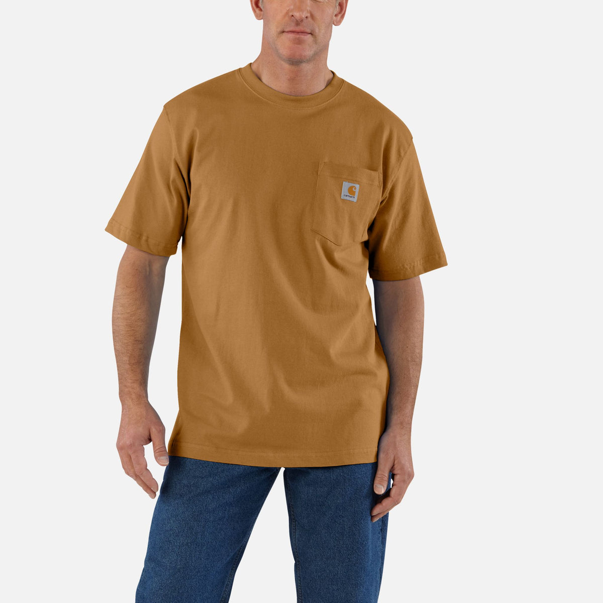 T-shirt à manches courtes Carhartt en coton épais avec poche, couleur brune, vêtement décontracté pour homme.