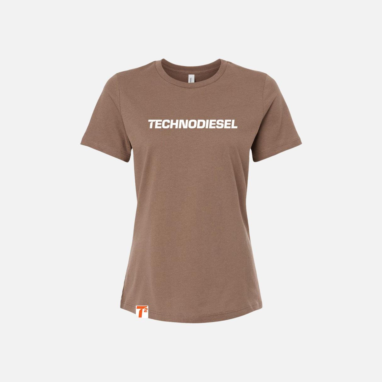 T-shirt à manches courtes Bella + Canvas 6400 en brun, tissu confortable, porté sur mannequin, vue de face.