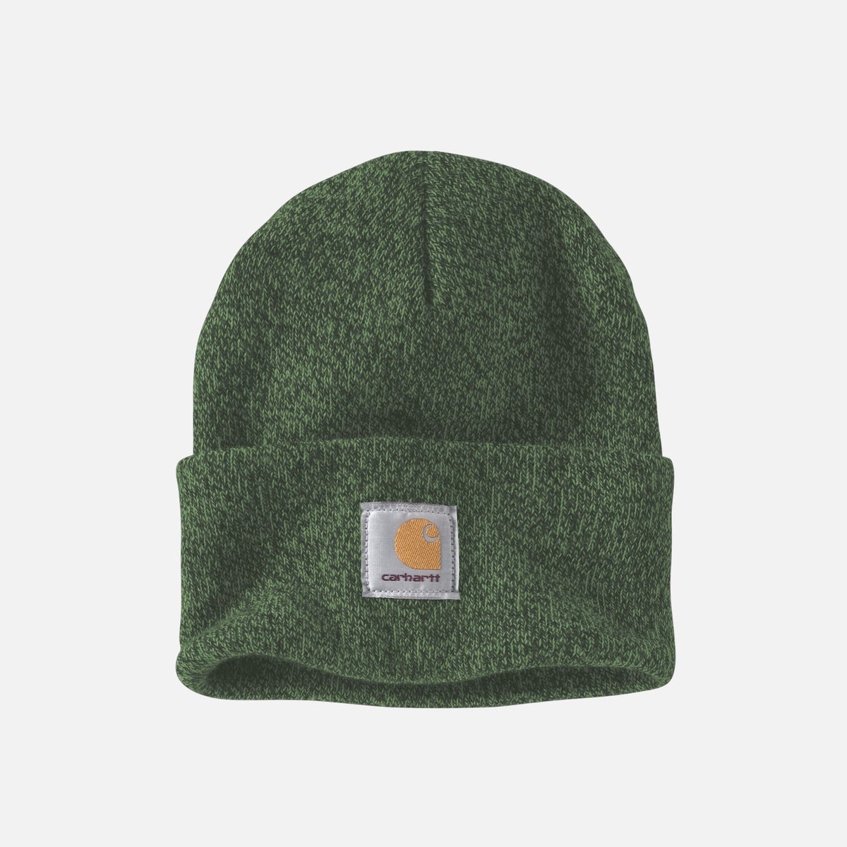 Tuque en tricot verte de style classique avec rebord de la marque Carhartt, accessoire chaud pour l'hiver.