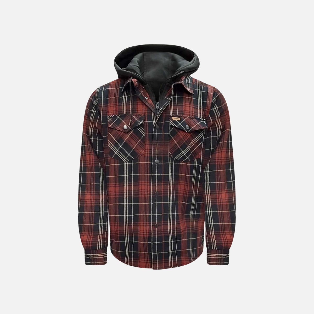 Veste matelassée en flanelle à carreaux avec capuchon WRTK, idéale pour chaud et style robuste.