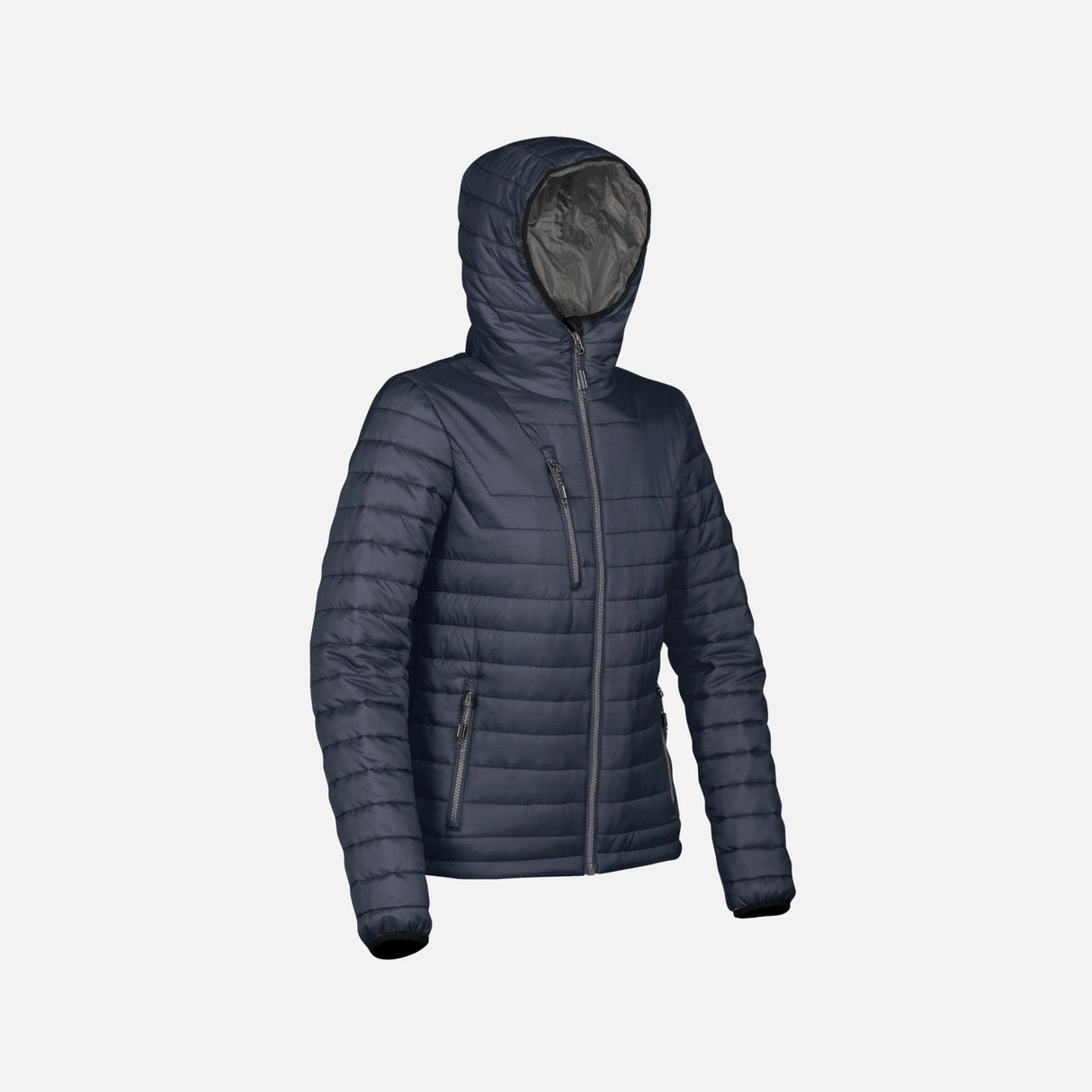 Veste matelassée pour femme Stormtech Gravity en marine, vêtement d'hiver chaud et léger, avec capuche et fermeture éclair.