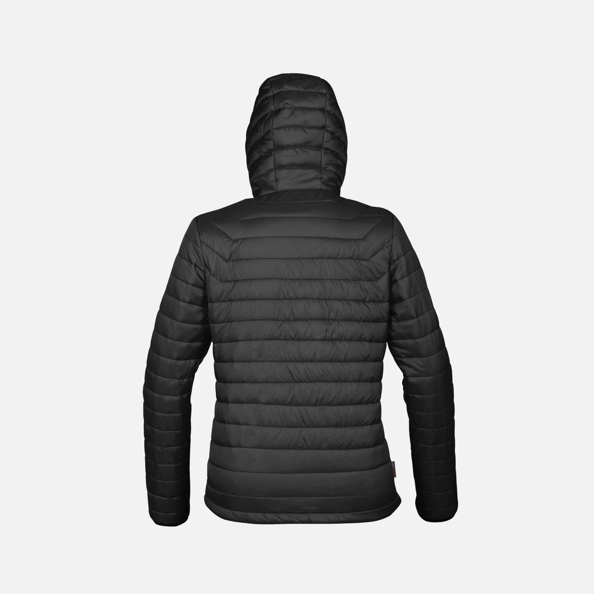Veste matelassée pour femme Stormtech Gravity, manteau noir et rouge, détails de couture et fermeture éclair visible.
