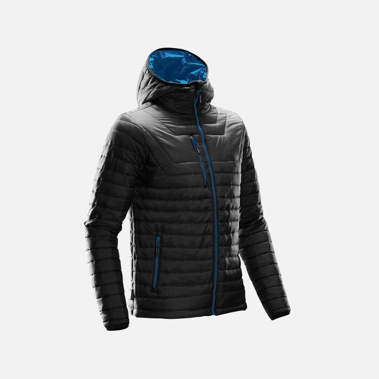 Veste matelassée pour homme Stormtech Gravity, manteau noir et bleu, avec col montant et design chaud et élégant.